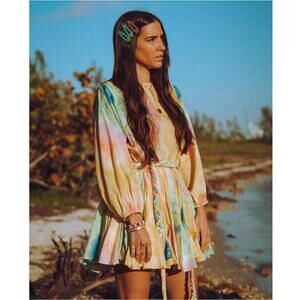 M Rhode Resort Ella Tie Dye Pleated Mini Dress with Tassel Belt Medium Excellent